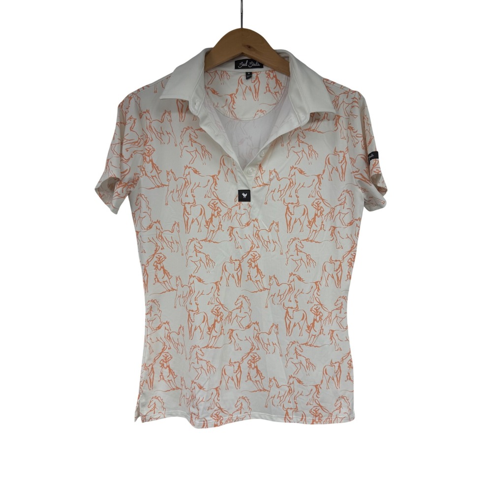 Bad Birdie Womens Wild Horse Print Golf Polo Shirt Orange White Western Size M